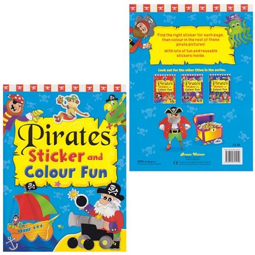 Pirates-themed sticker and colour fun book with colorful illustrations on a blue background