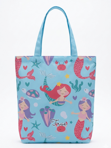 Tote bag with mermaid pattern on a light blue background