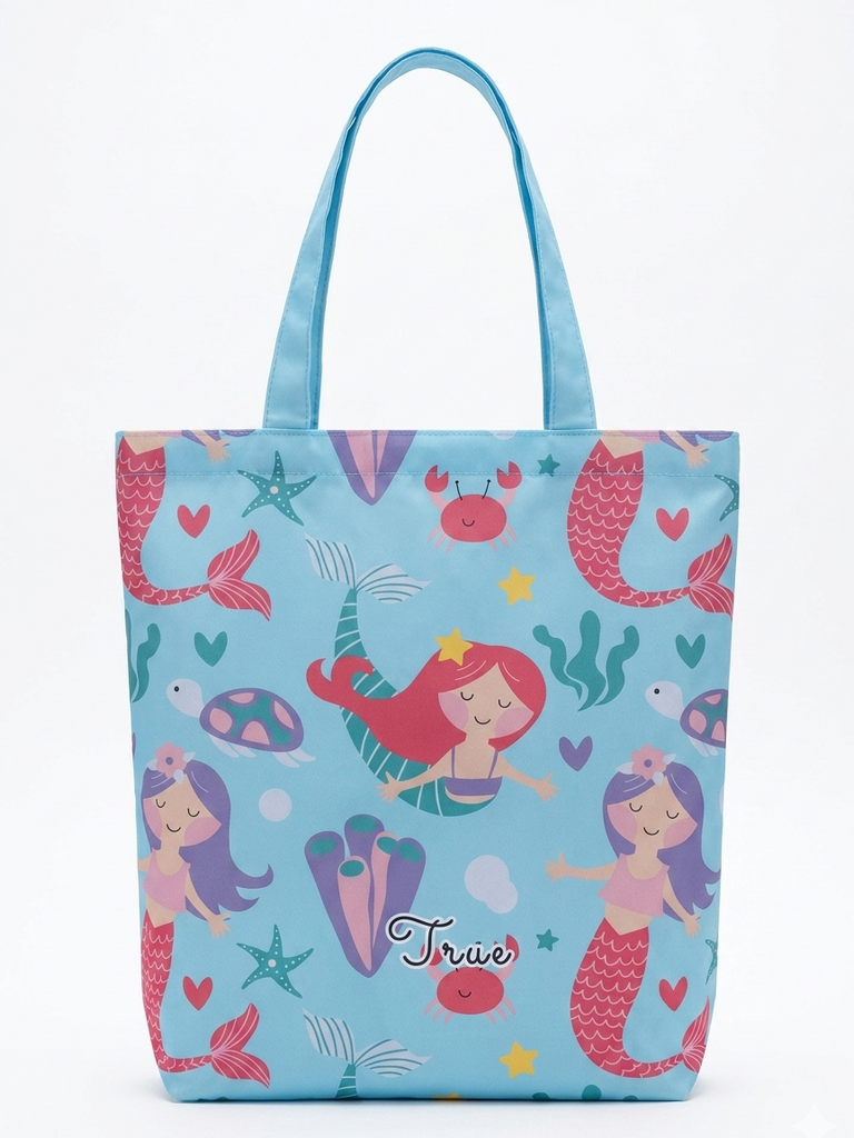 Tote bag with mermaid pattern on a light blue background