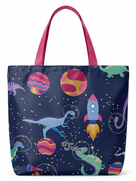 Tote bag with space-themed design featuring dinosaurs, planets, and a rocket on a navy background.