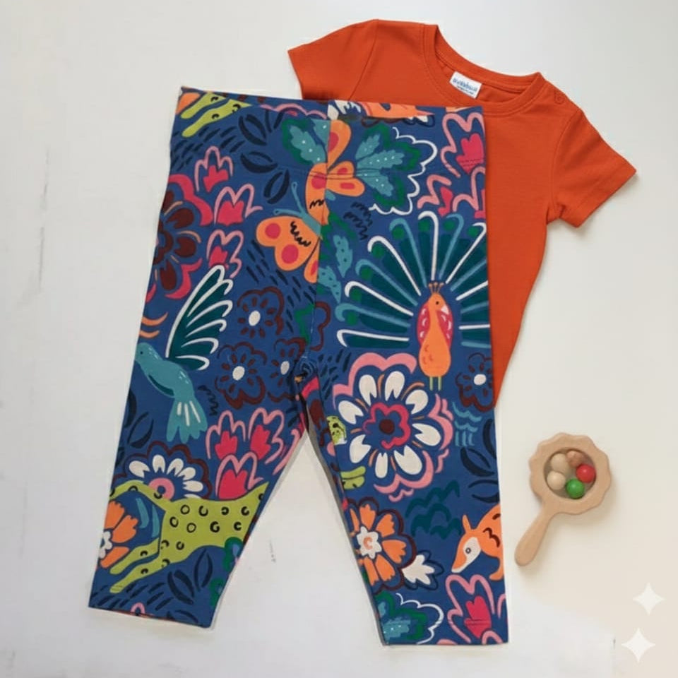 Colorful patterned leggings and orange t-shirt on a white background