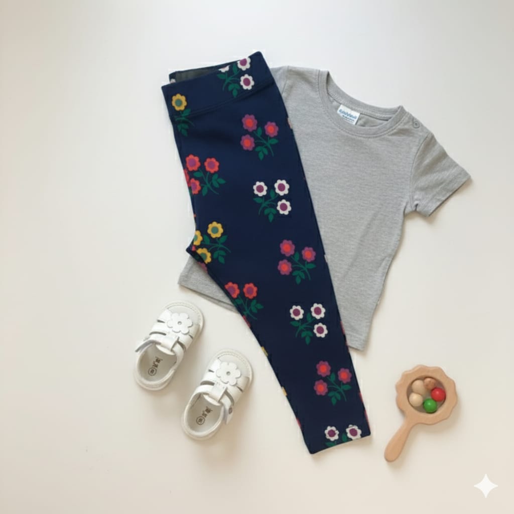 Navy leggings with floral pattern, gray t-shirt, white shoes, and wooden toy on a light background