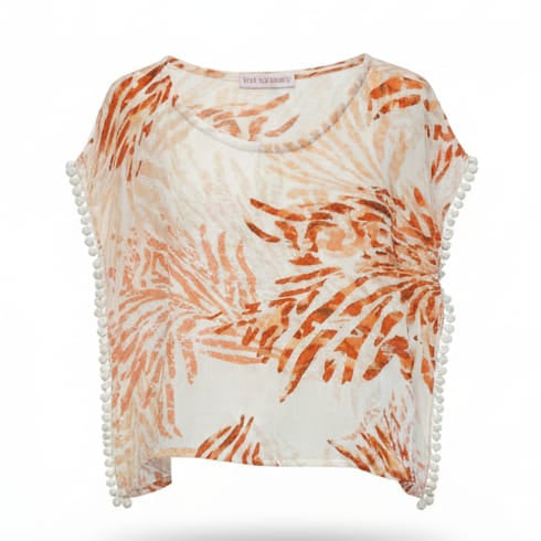 Boho Leaf Print Pom-Pom Top with price and size options on a white background