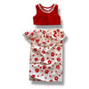 Red top and floral dress set on a white background