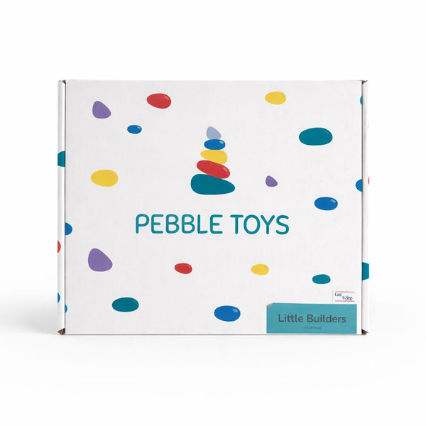 Pebble Toys packaging with colorful pebbles design on a white background