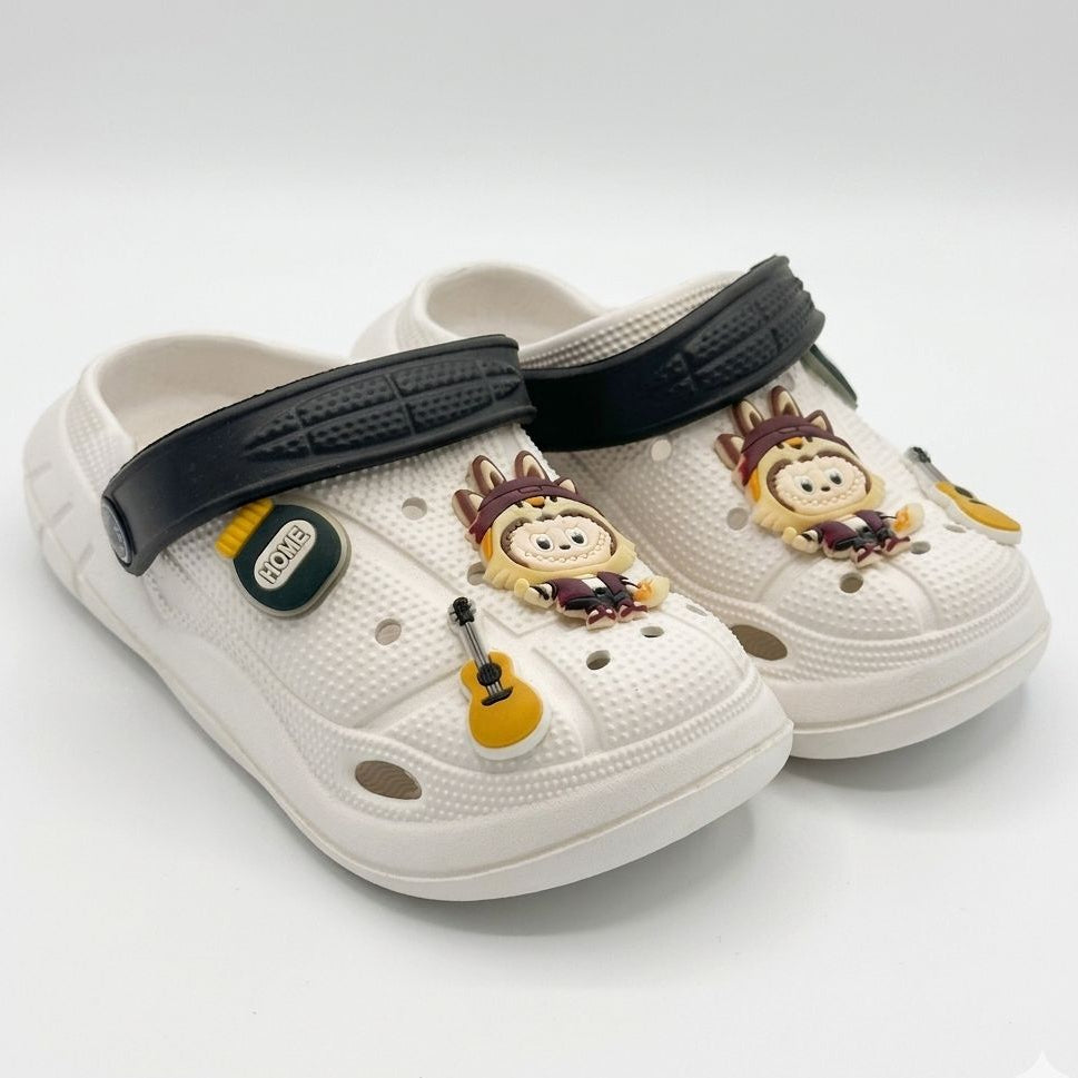 White clogs with cartoon character design on a white background