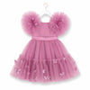 A pink toddler girl's party dress with a tulle skirt, embellished with butterfly appliqués and a matching pink satin waistband, hanging on a white plastic hanger against a white background.