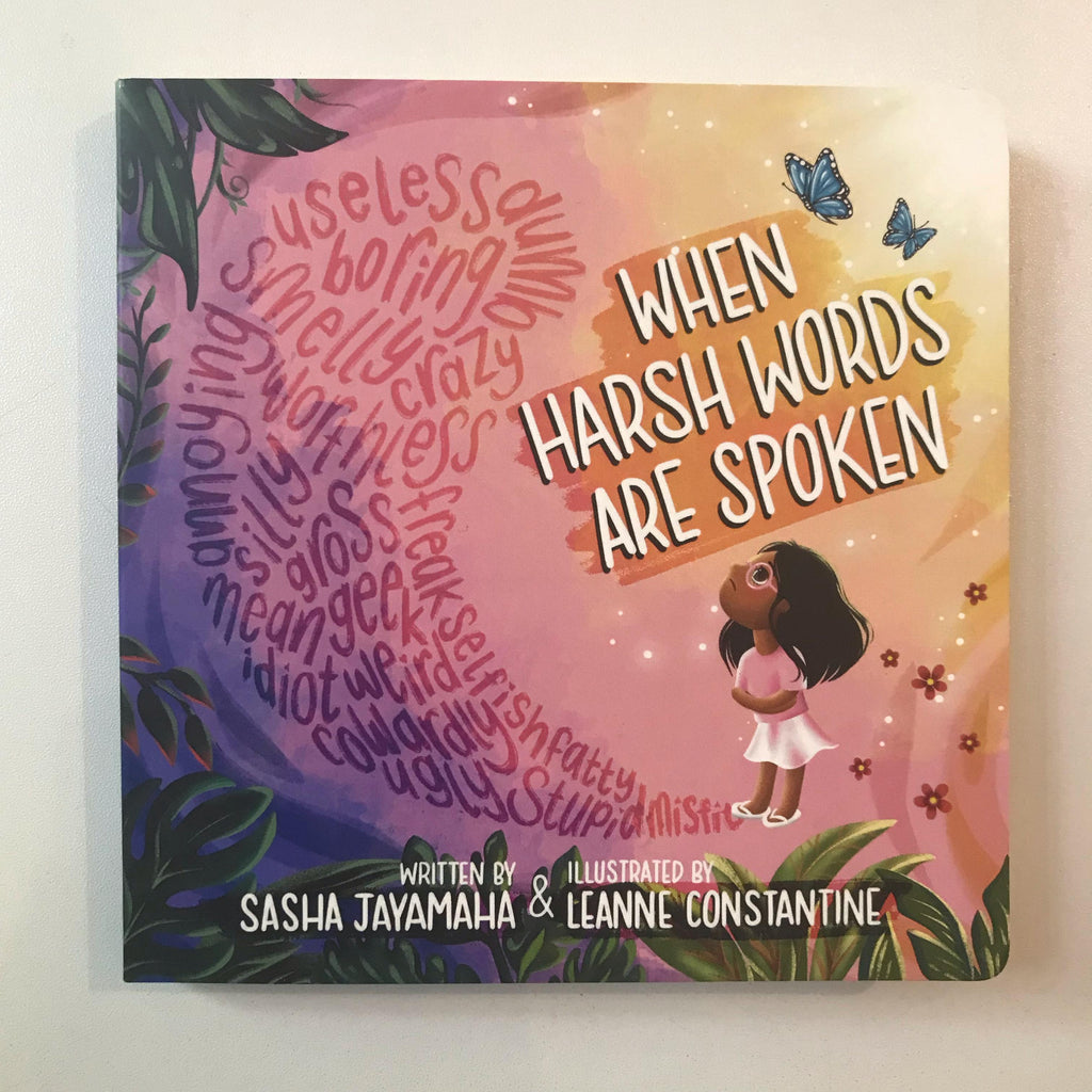 Cover of the board book 'When Harsh Words Are Spoken' featuring illustrations and text on a colorful background.