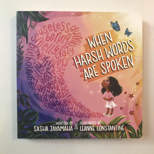 Cover of the board book 'When Harsh Words Are Spoken' featuring illustrations and text on a colorful background.