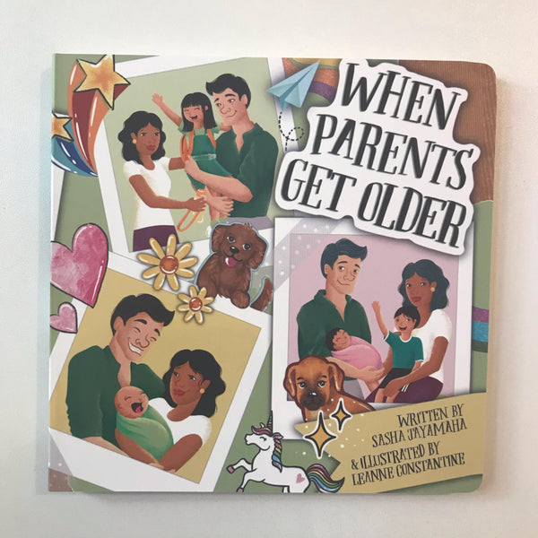 Cover of the board book 'When Parents Get Older' featuring illustrations of different families in a collage style with a title and author credit.