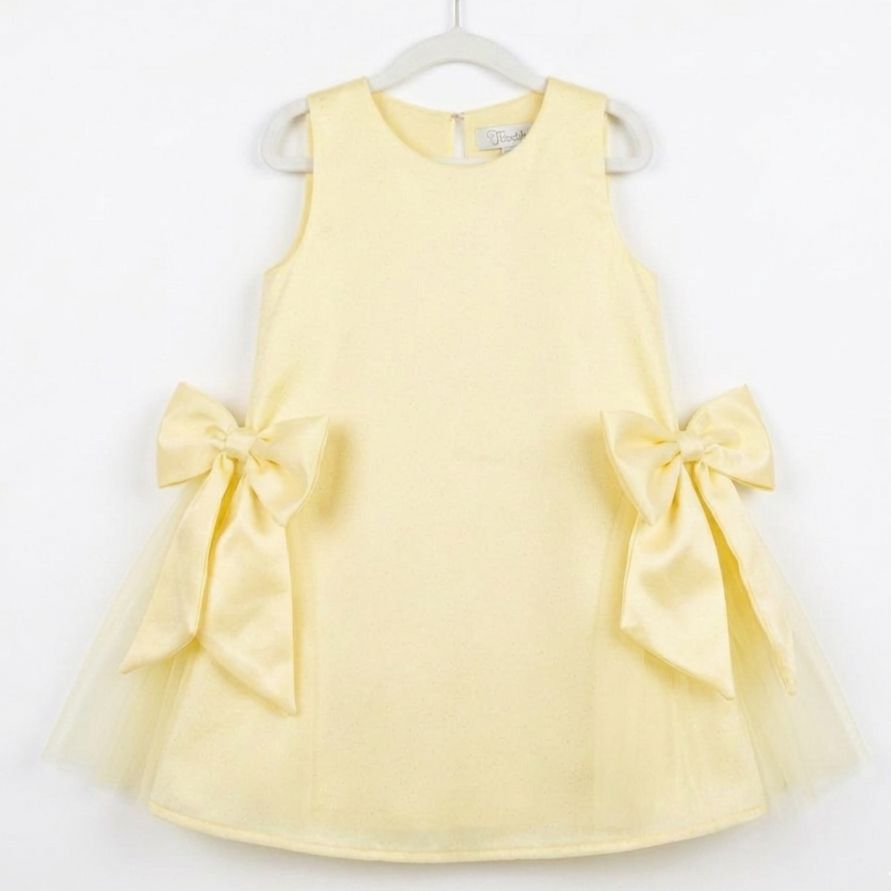 Yellow dress with large bows on a white background