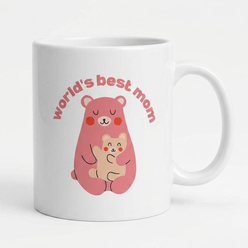 White mug with a pink bear illustration and 'World's best mom' text on a white background