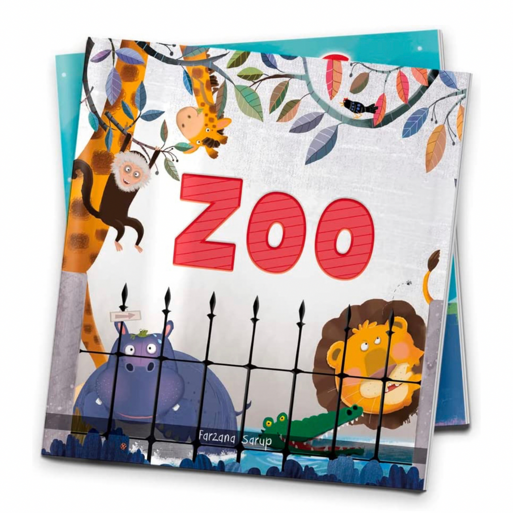 A paperback book cover for 'Zoo' illustrated book on zoo animals, featuring colorful illustrations of various animals such as a giraffe, lion, monkey, and crocodile behind a fence. The cover also includes the title 'ZOO' prominently displayed.
