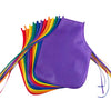 A collection of colorful aprons tied with ribbons, displayed in a fanned arrangement with the purple apron in the foreground.