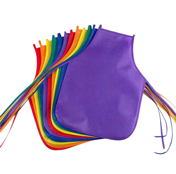 A collection of colorful aprons tied with ribbons, displayed in a fanned arrangement with the purple apron in the foreground.