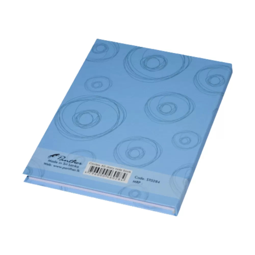 A blue A5 diary notebook with a circular hard cover design.