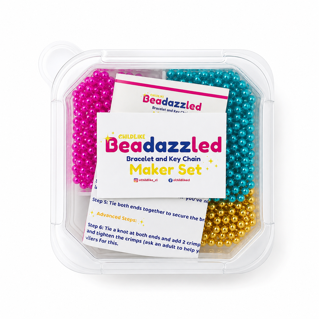 Beadazzled bracelet and key chain maker set with pink, blue, and gold beads in packaging.