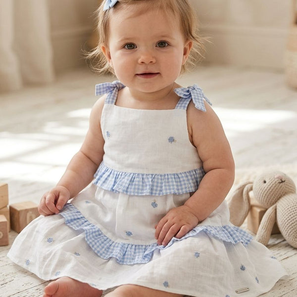 Baby girl in a white dress with blue accents sitting on a wooden floor.