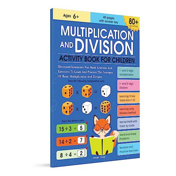 Cover of a children's Multiplication and Division Activity Book with colorful illustrations, including a fox and dice, indicating educational content for kids.