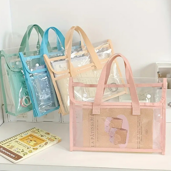 Set of clear bags with handles on a white surface