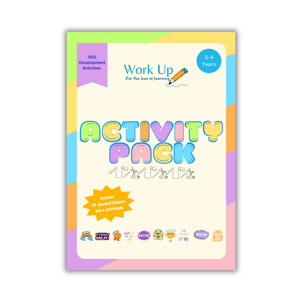 A colorful activity pack cover for children's skill development, featuring text and various colorful illustrations.