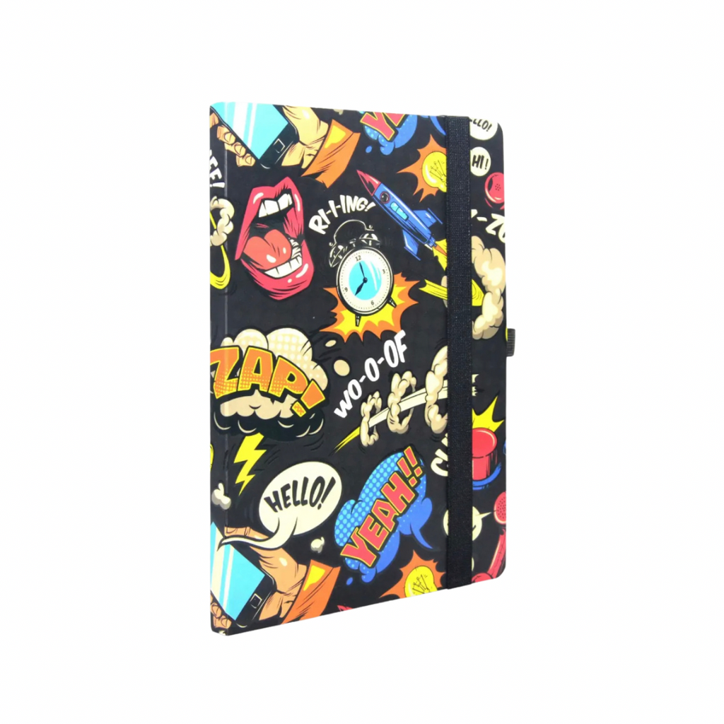 A colorful journal notebook with cartoon character illustrations on the cover.