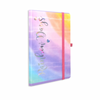 A colorful journal notebook with a multicolored cover, a red elastic band, and the title 'Rainbow Days' foiled on the front.