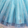 Close-up of a blue tulle fabric with snowflake patterns