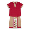 Red and beige children's outfit with floral design on a white background