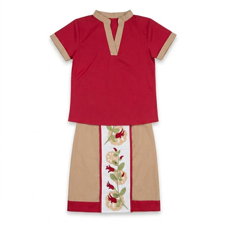 Red and beige children's outfit with floral design on a white background