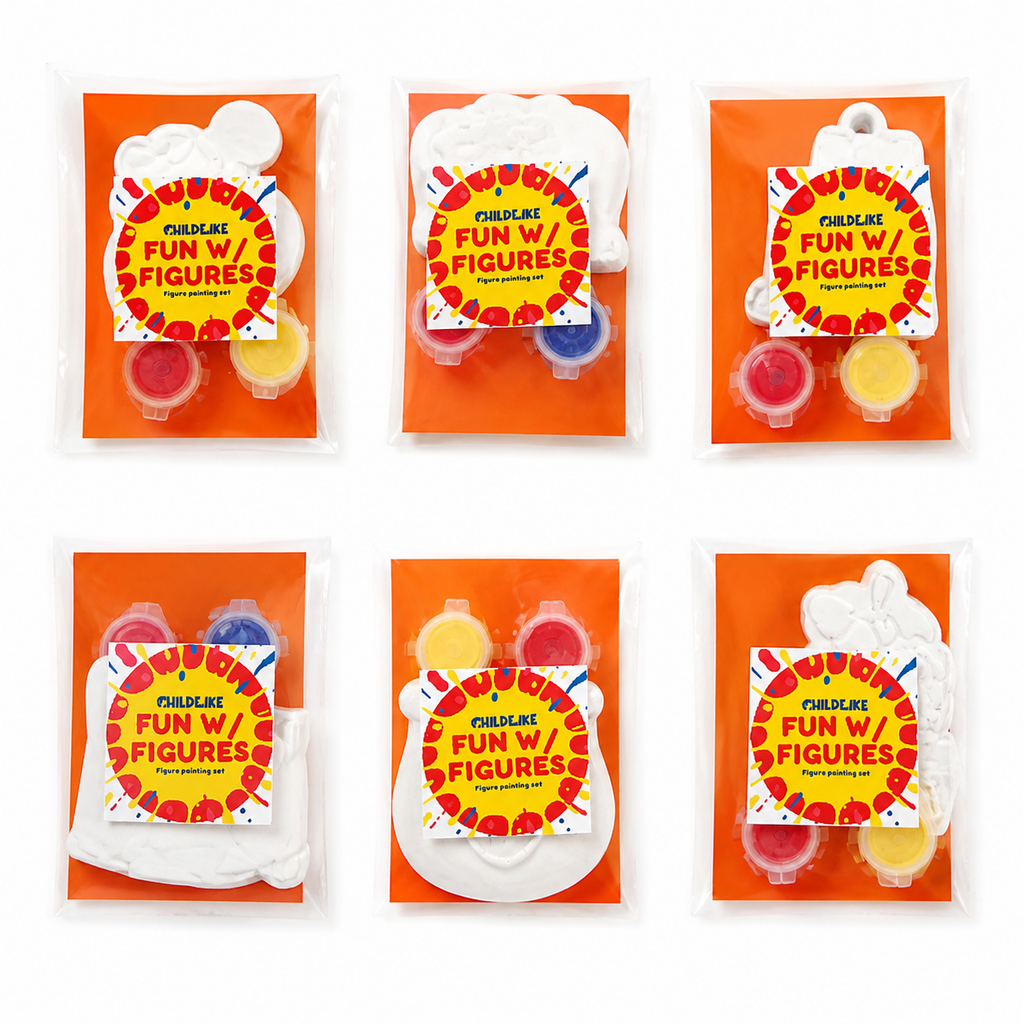 Multiple sealed packaging containing a figure and two small paint pots in different colors.