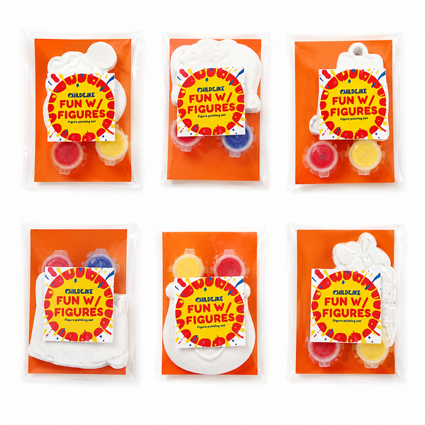 Multiple sealed packaging containing a figure and two small paint pots in different colors.