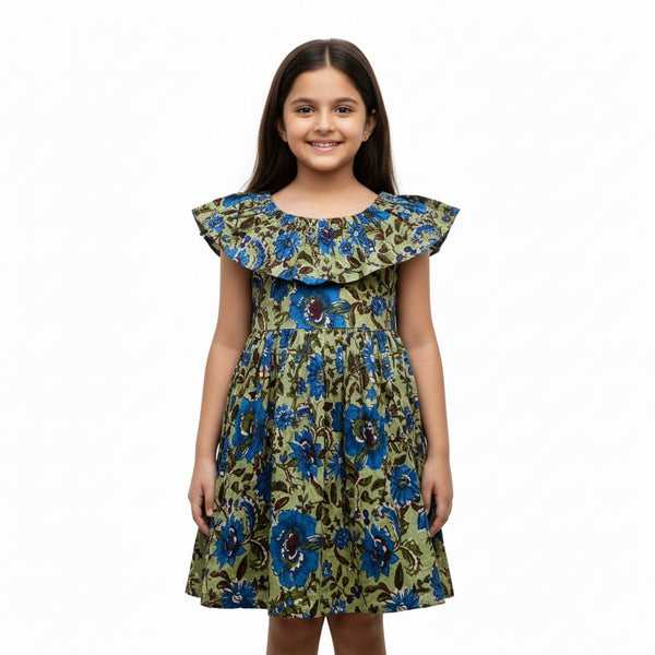 Young girl wearing a floral dress on a white background