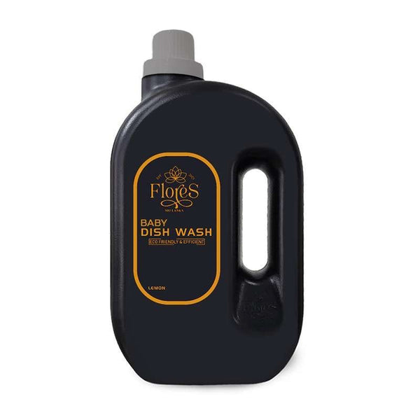 A black bottle of Flores Eco 2L Baby Dishwash with a label and a handle.