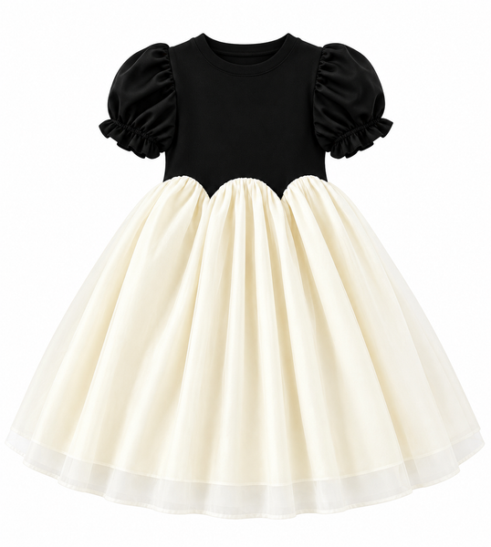 Girls black short puff sleeve dress with scalloped cream tulle skirt on a white background