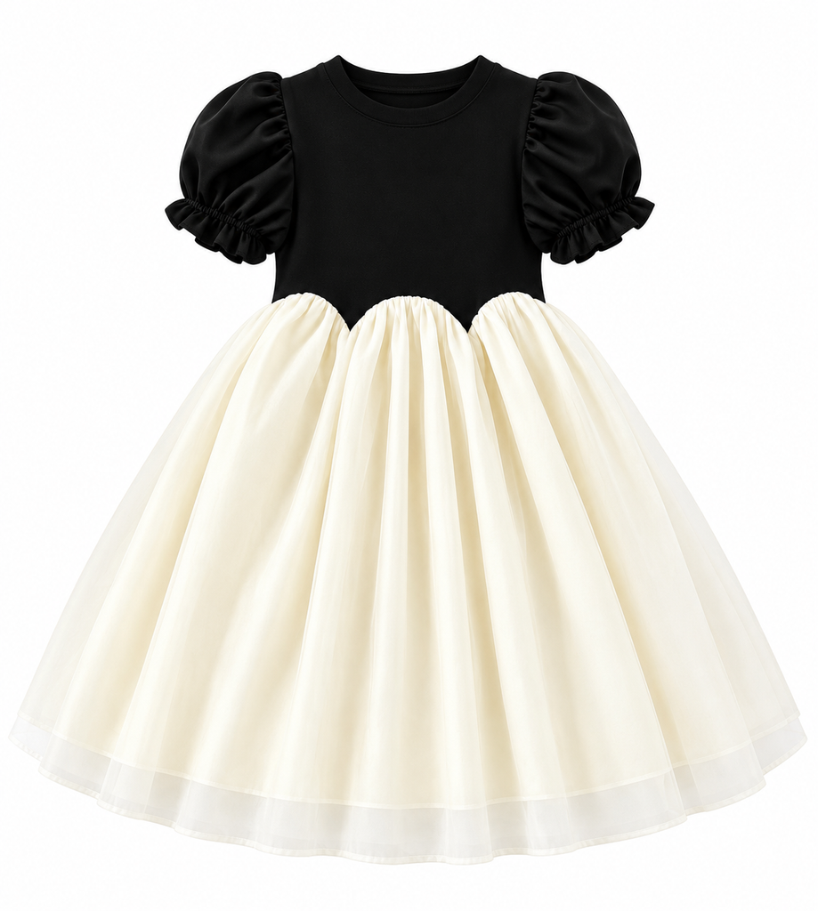 Girls black short puff sleeve dress with scalloped cream tulle skirt on a white background