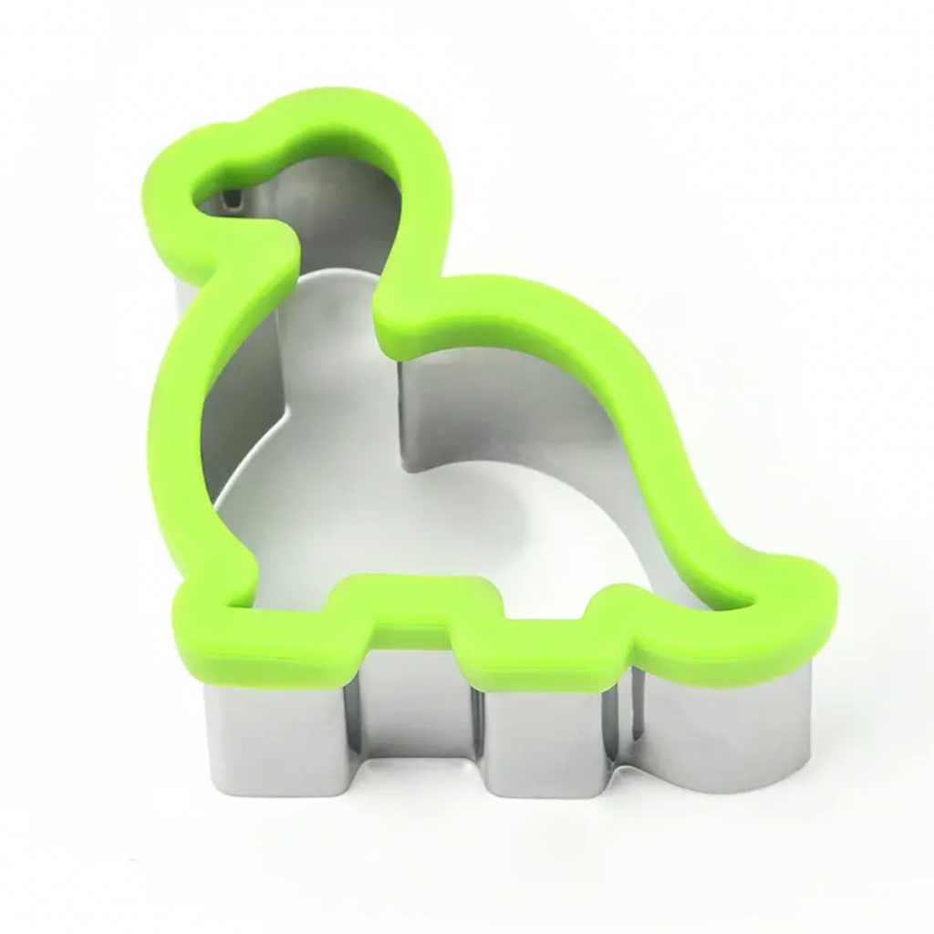 A dinosaur shaped sandwich cutter.