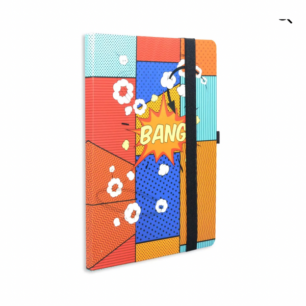 A colorful journal notebook with a cartoonish bang theme on the cover, featuring single-ruled pages.