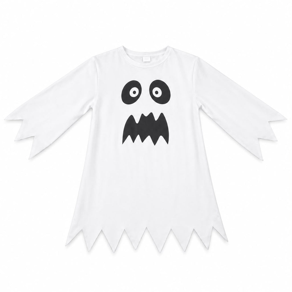 White long-sleeved kids ghost costume dress featuring a friendly black ghost face and jagged hemline details.   