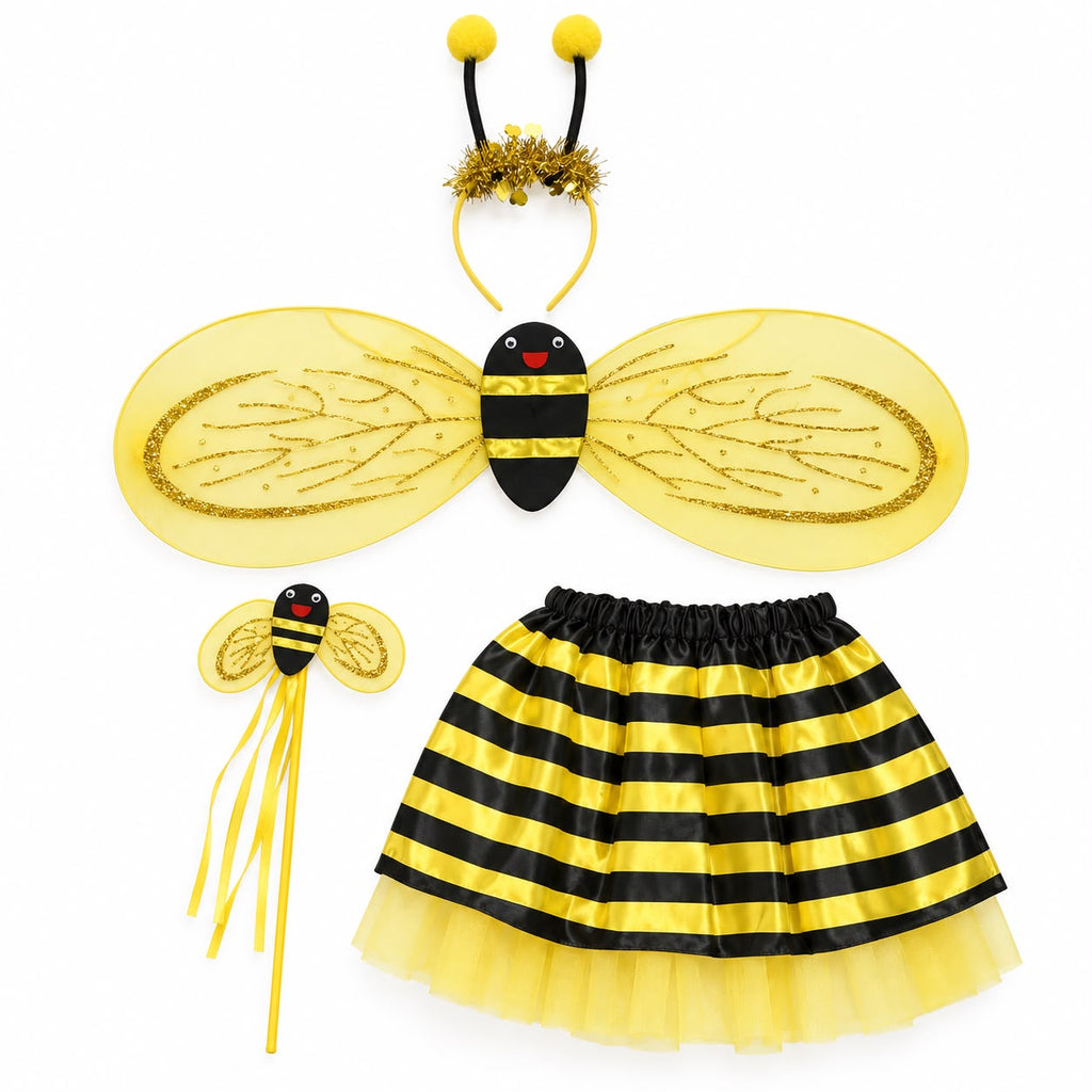 Four-piece kids honey bee dress-up set including a striped tutu skirt, sparkly yellow wings, a matching headband, and a bee wand.