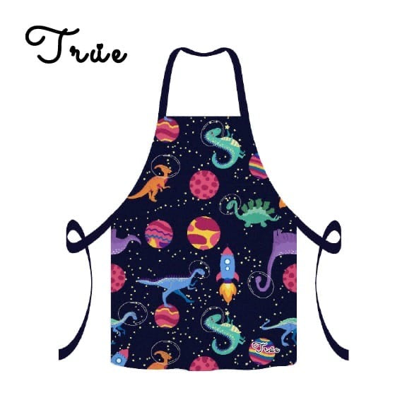 Children's apron with space-themed design featuring dinosaurs, planets, and rockets on a dark blue background.