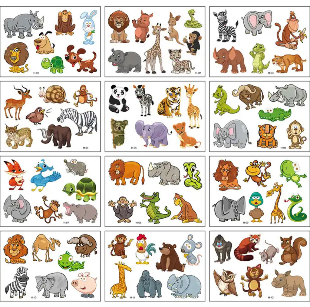 A collection of temporary tattoos featuring various colorful animal designs, including a giraffe, lion, zebra, penguin, and more.
