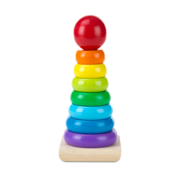 A colorful wooden stacking toy with rainbow rings on a rocking base.