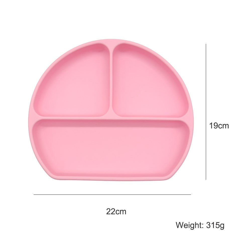 True Silicone Divided Smile Plate with Lid and the sizes are mentioned, in pink. BPA-free, food-grade silicone plate is perfect for mealtime.