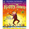 The cover of the book 'The Chimpanzees of Happy Town' features a cartoon illustration of a happy chimpanzee with a purple cloth, surrounded by other cartoon chimps and a vibrant sunset background. The title and author's name, Giles Andreae, are visible at the top.