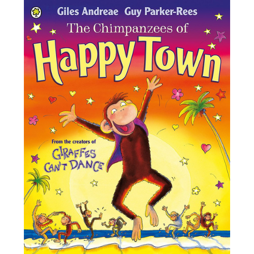 The cover of the book 'The Chimpanzees of Happy Town' features a cartoon illustration of a happy chimpanzee with a purple cloth, surrounded by other cartoon chimps and a vibrant sunset background. The title and author's name, Giles Andreae, are visible at the top.