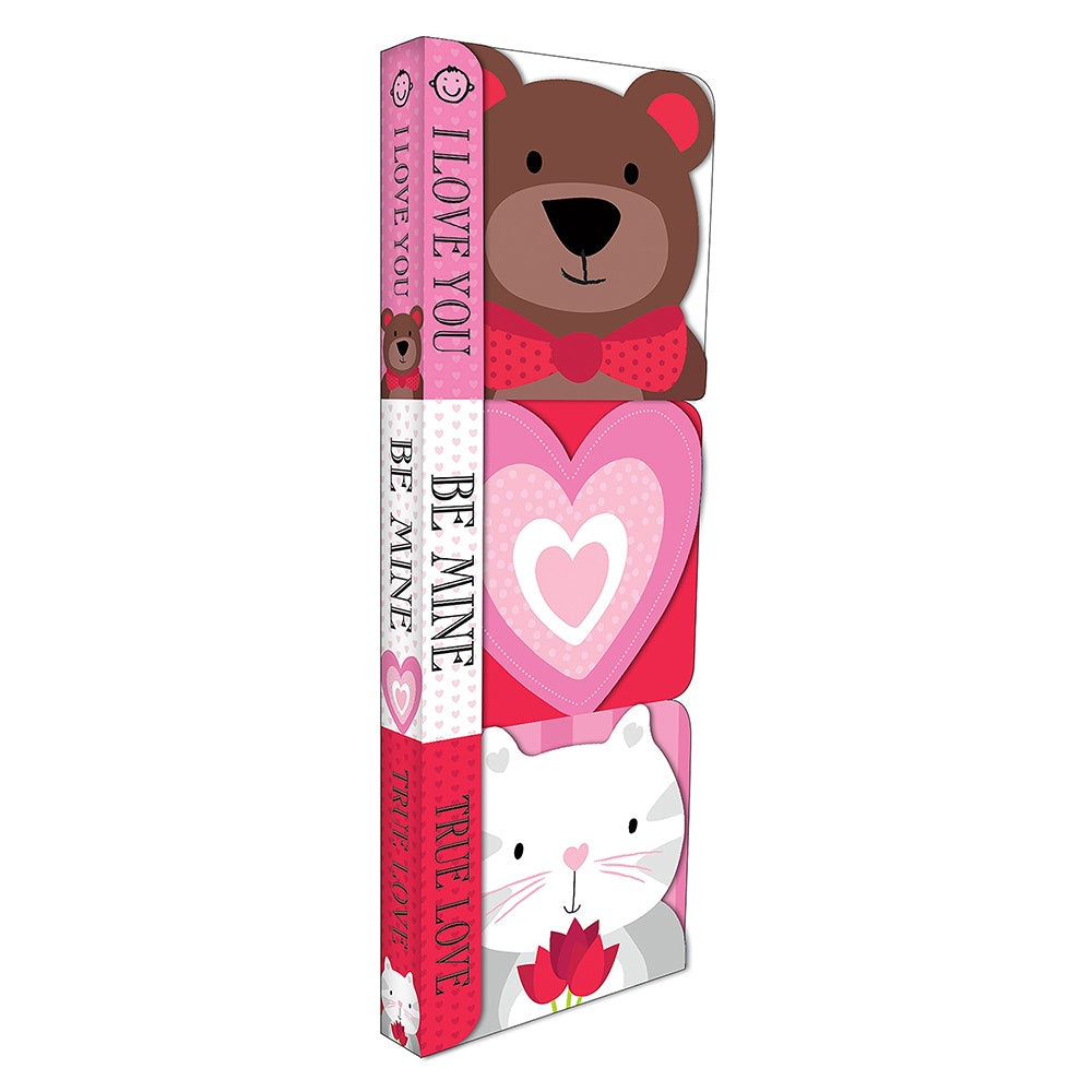 A set of three board books with pink and red covers, featuring a teddy bear and a cartoon rabbit with hearts.