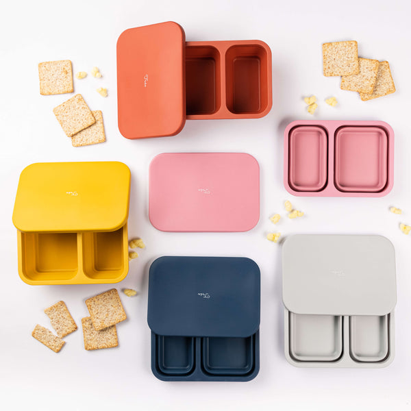 An array of collapsible divided lunch boxes in various colors (yellow, pink, orange, blue, gray) with a silicone lid.