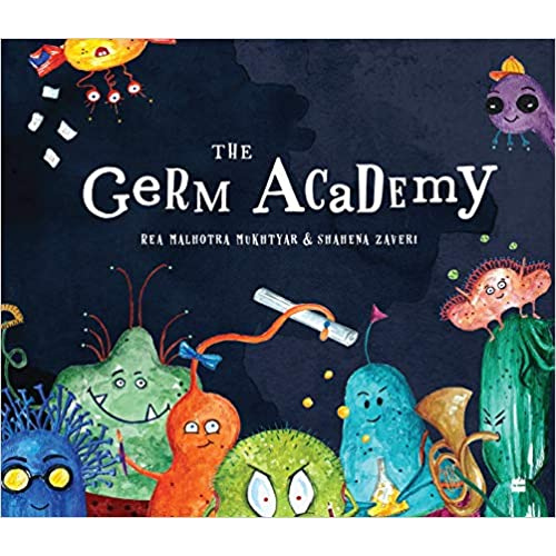 Cover of the book 'Germ Academy' featuring colorful cartoonish bacteria and viruses with a dark background.