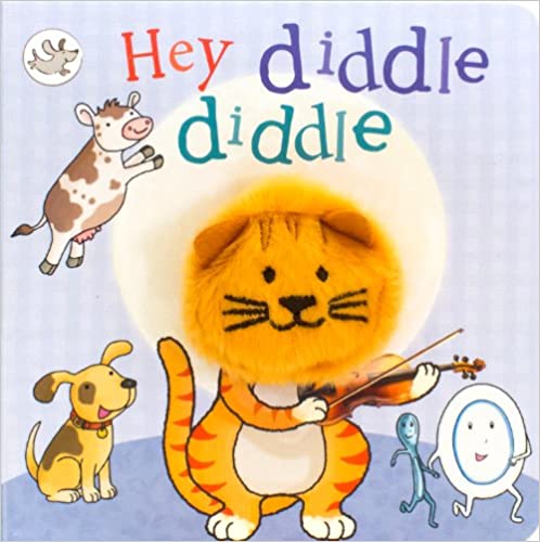 A board book cover featuring a cartoon illustration of a dog with a human hand controlling it, playing a musical instrument, alongside other animal characters and the text 'Hey Diddle Diddle'.